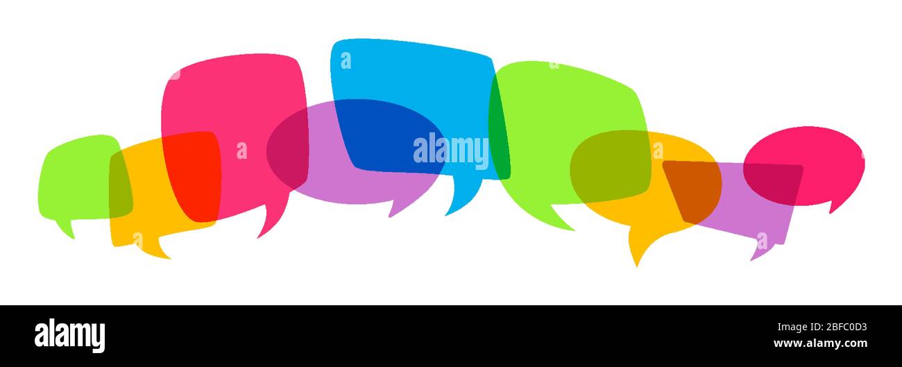 Overprint various speech bubble silhouet. Multicolored bright empty design elements, dialog color clouds icon. Overlapping blobs, balloon chat banner, page template. Comic vector illustration Stock Vector