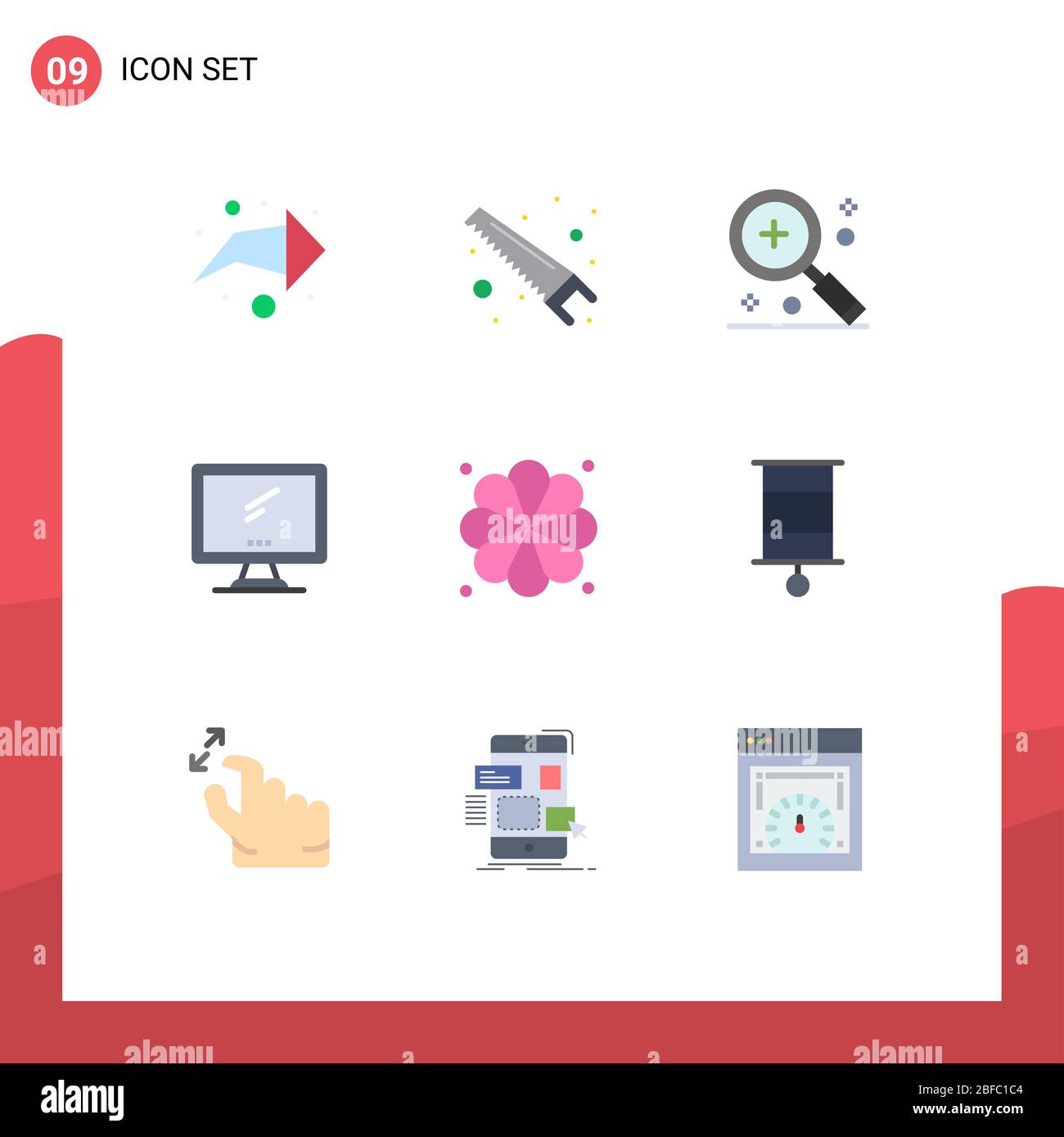 Mobile Interface Flat Color Set of 9 Pictograms of plumeria, imac, find, device, computer Editable Vector Design Elements Stock Vector