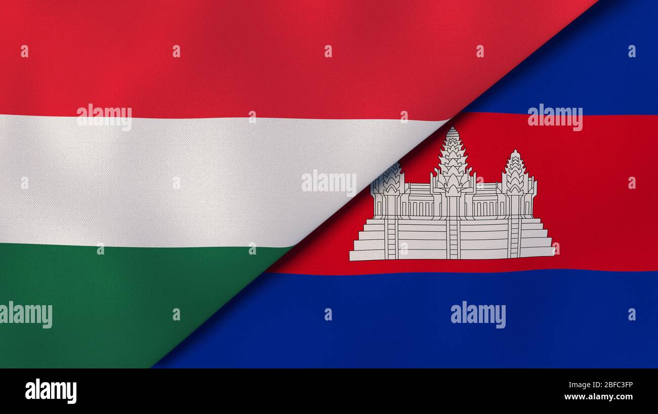 Two states flags of Hungary and Cambodia . High quality business background. 3d illustration Stock Photo