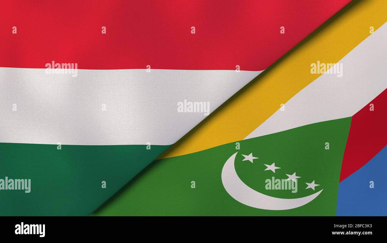 Two states flags of Hungary and Comoros. High quality business background. 3d illustration Stock Photo