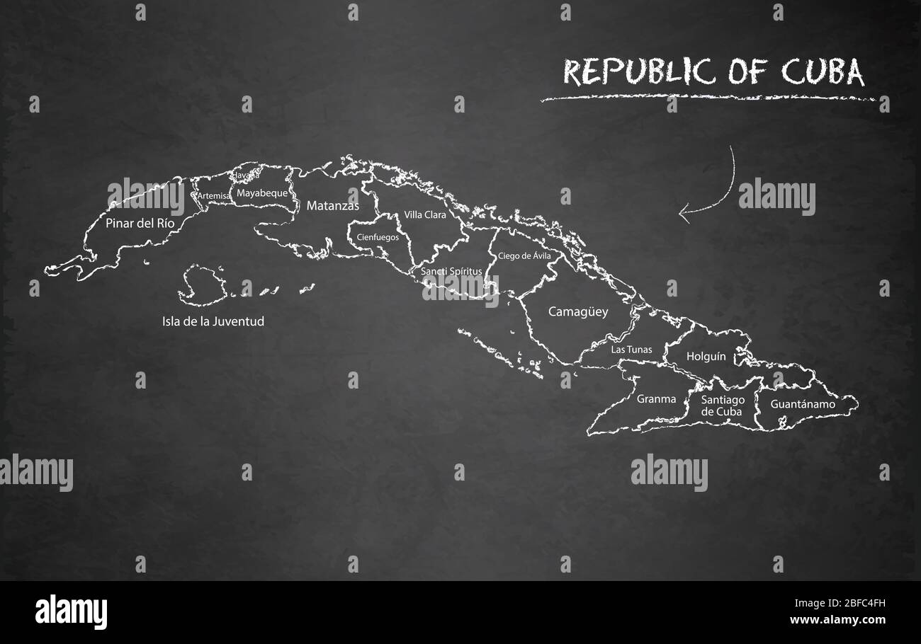 Cuba map administrative division, separates regions and names, design card blackboard chalkboard