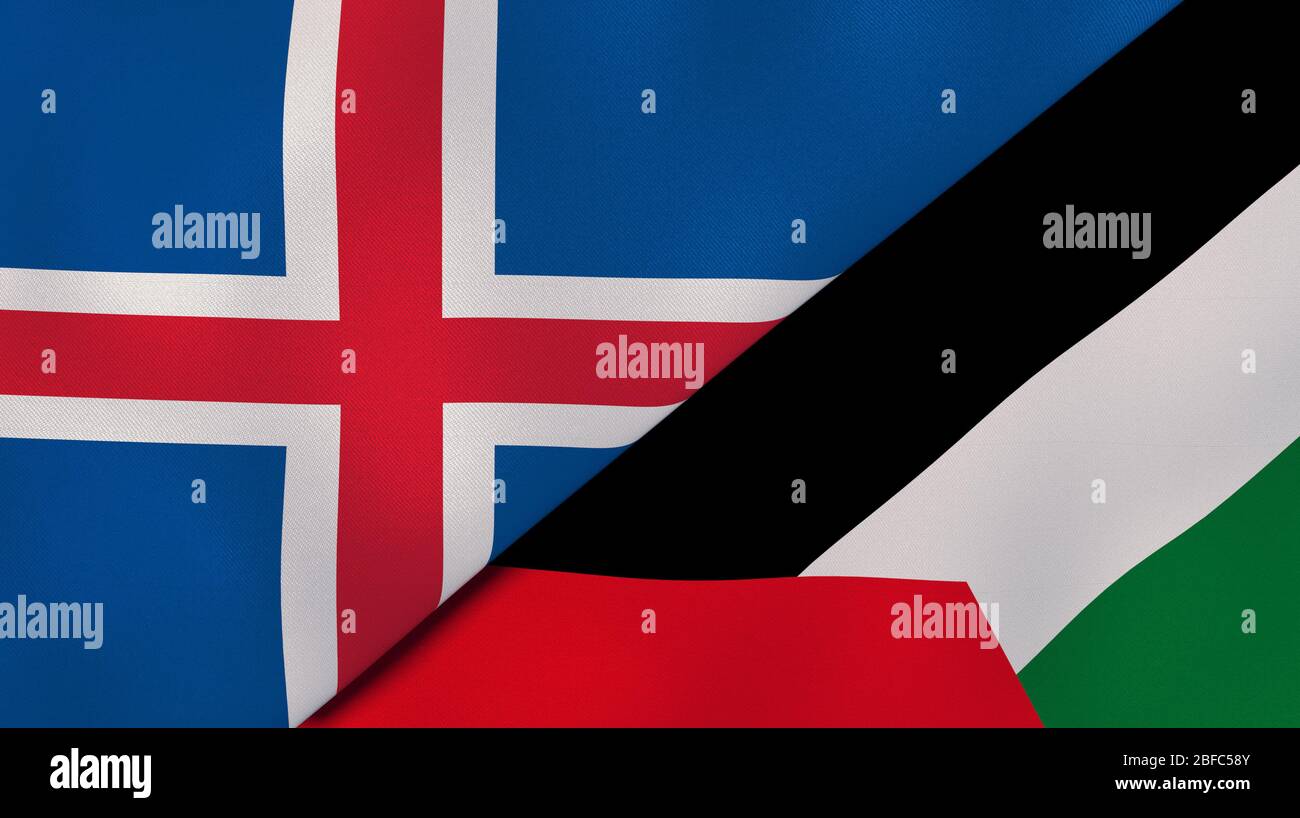 Two states flags of Iceland and Palestine. High quality business