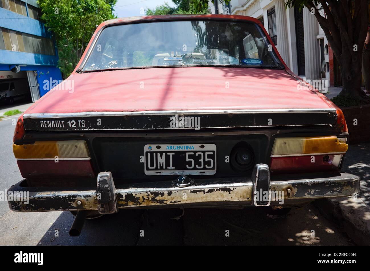 Buenos Aires, Argentina - January, 2020: Old Renault 12 TS car. Obsolete vintage car with Argentinian registration plate of Buenos Aires city. Stock Photo