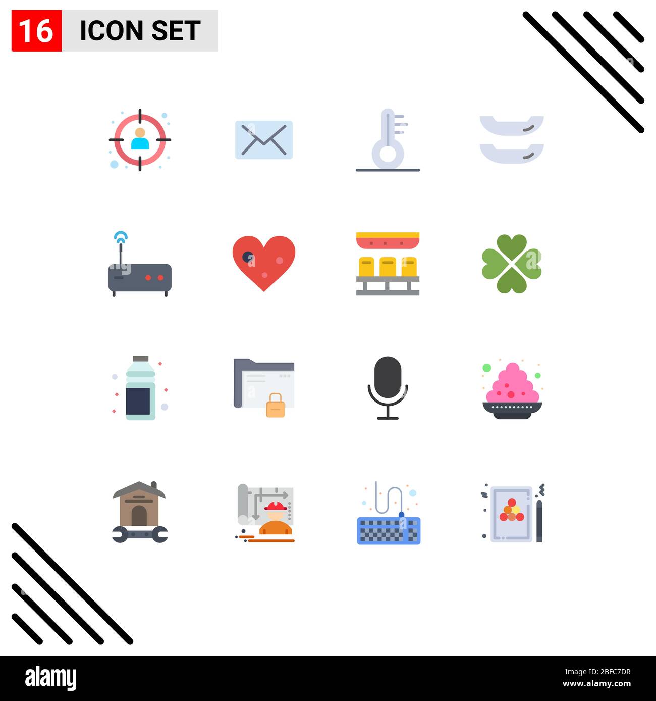 Flat Color Pack of 16 Universal Symbols of love, router, temperature, modem, kayak Editable Pack of Creative Vector Design Elements Stock Vector