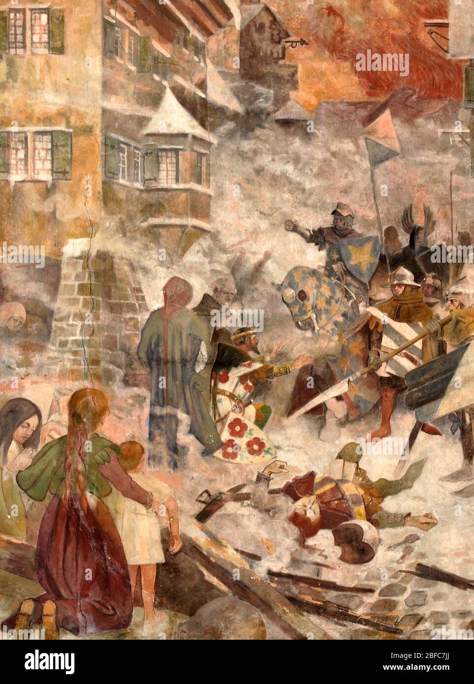 The Destruction of Rapperswil in 1350 (wall painting) - Gustav Adolf Closs Stock Photo