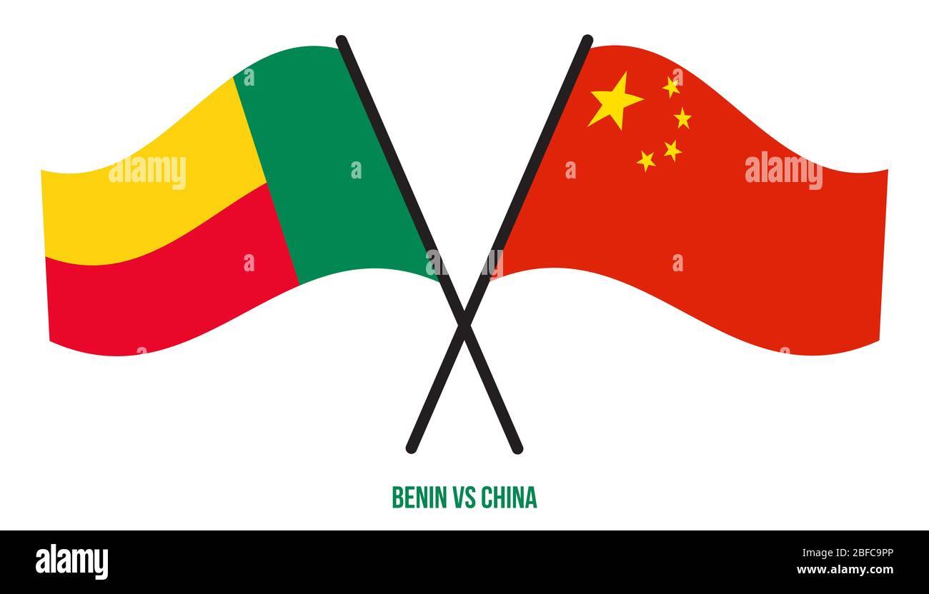 Benin And China Flags Crossed And Waving Flat Style Official Benin And China Flags Crossed And Waving Flat Style Official