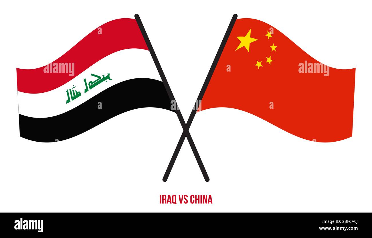 Iraq and China Flags Crossed And Waving Flat Style. Official Proportion. Correct Colors. Stock Photo