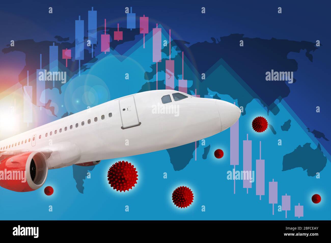 Worldwide Covid-19 coronavirus pandemic impact on the business profitability of airline and travel tourism industry as illustrated by the declining st Stock Photo