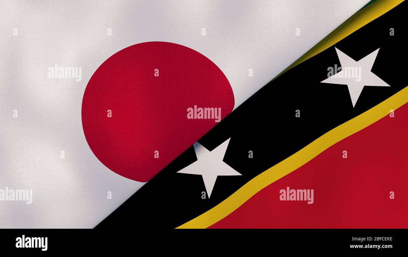 Two states flags of Japan and Saint Kitts and Nevis. High quality