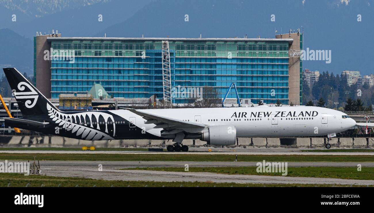 Richmond, British Columbia, Canada. 17th Apr, 2020. An Air New Zealand Boeing 777-300ER wide-body jet (ZK-OKO) takes off from Vancouver International Airport on a flight to Auckland, Friday, April 17, 2020. Credit: Bayne Stanley/ZUMA Wire/Alamy Live News Stock Photo