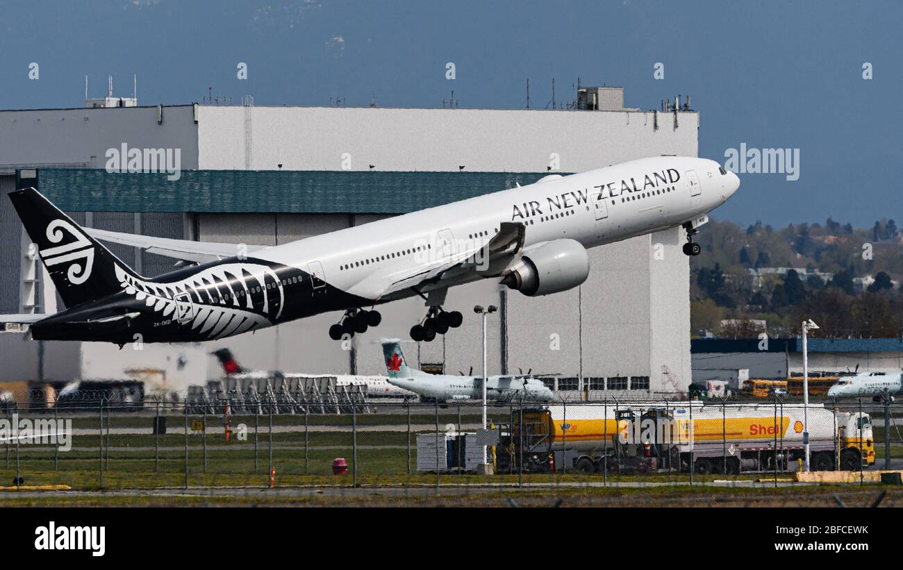 Richmond, British Columbia, Canada. 17th Apr, 2020. An Air New Zealand Boeing 777-300ER wide-body jet (ZK-OKO) takes off from Vancouver International Airport on a flight to Auckland, Friday, April 17, 2020. Credit: Bayne Stanley/ZUMA Wire/Alamy Live News Stock Photo