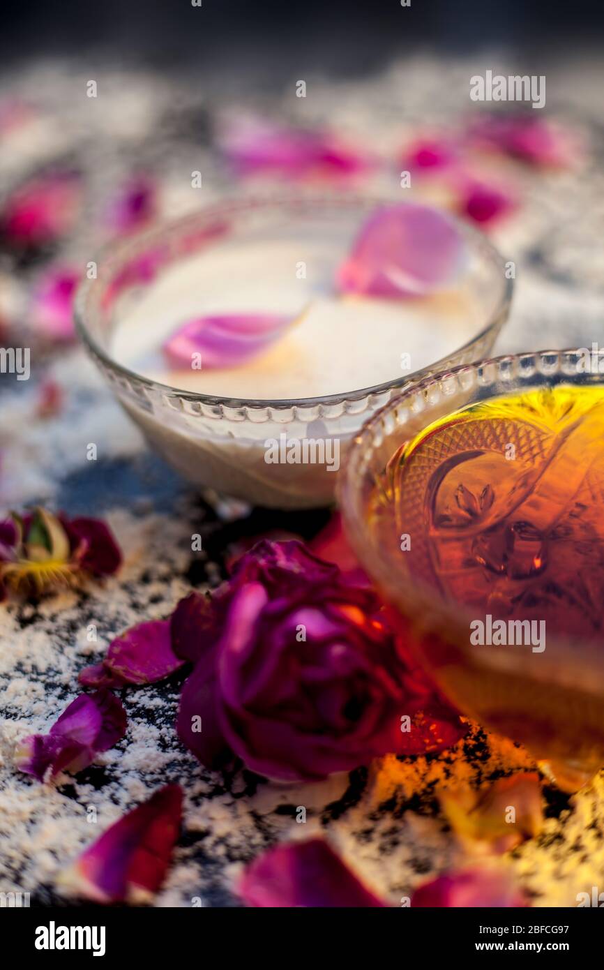 Wheat flour face mask for oily skin on a black colored board consisting