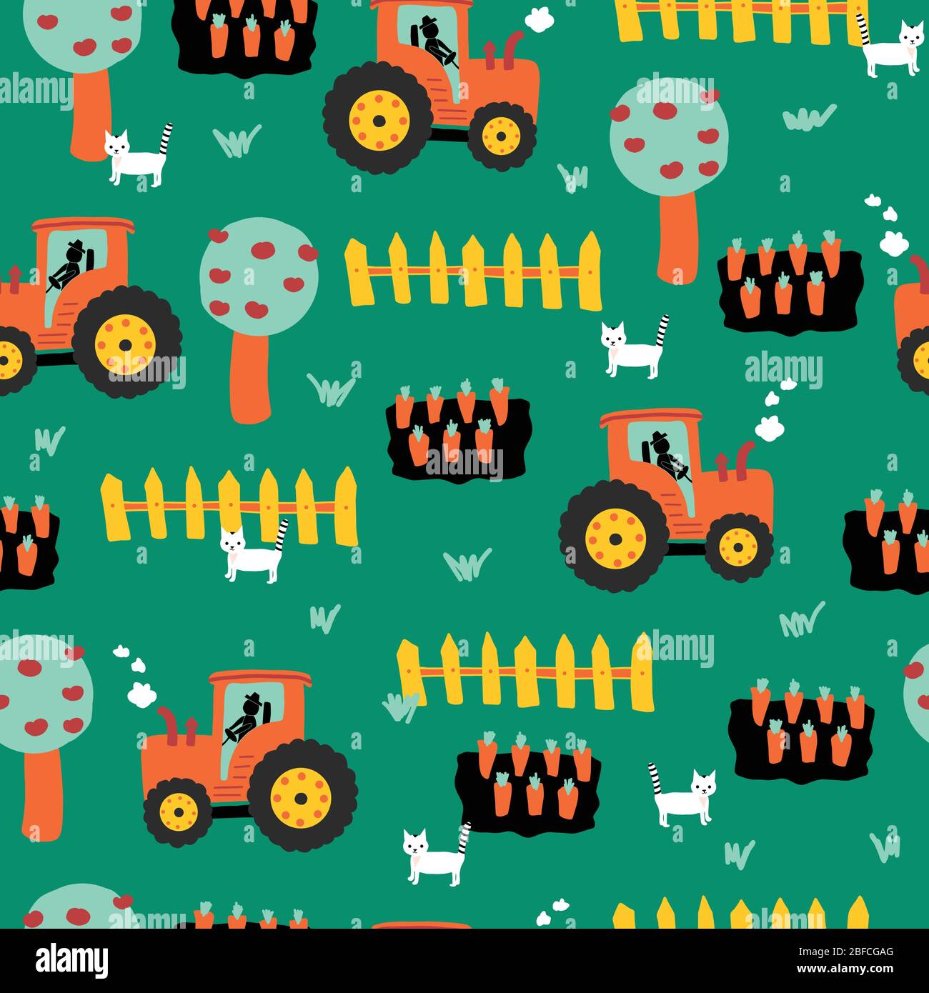 Cute farm pattern with tractors, carrots, fence, apple trees and cats ...
