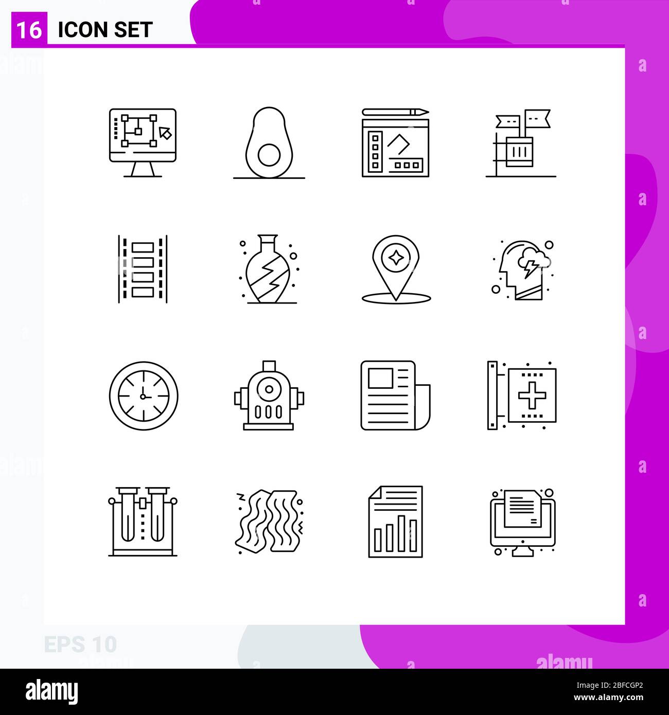 Group of 16 Outlines Signs and Symbols for animation, garbage, book, election, ballot Editable Vector Design Elements Stock Vector