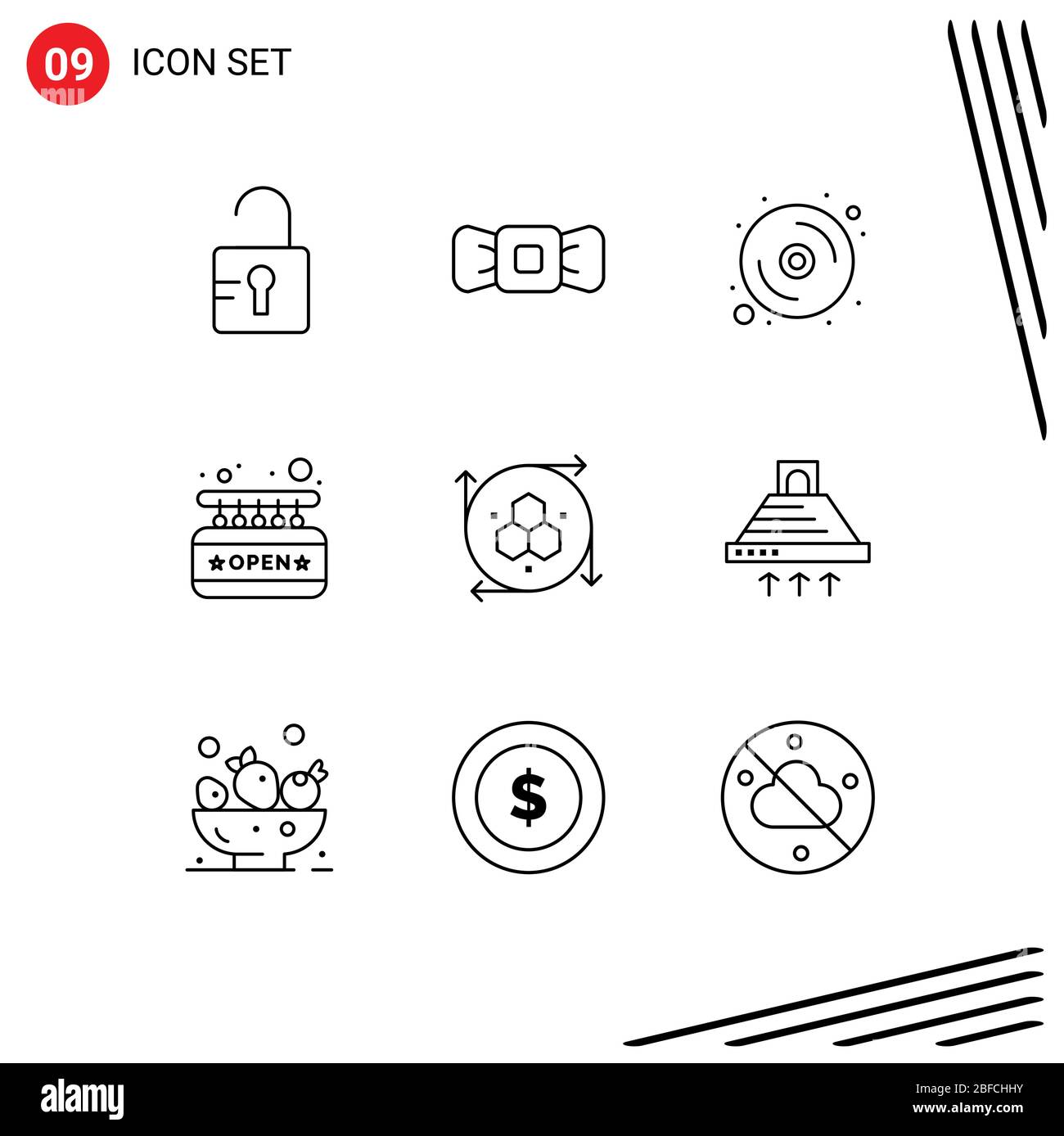 Pictogram Set of 9 Simple Outlines of modeling application, computer graphics, data, sign board, open Editable Vector Design Elements Stock Vector