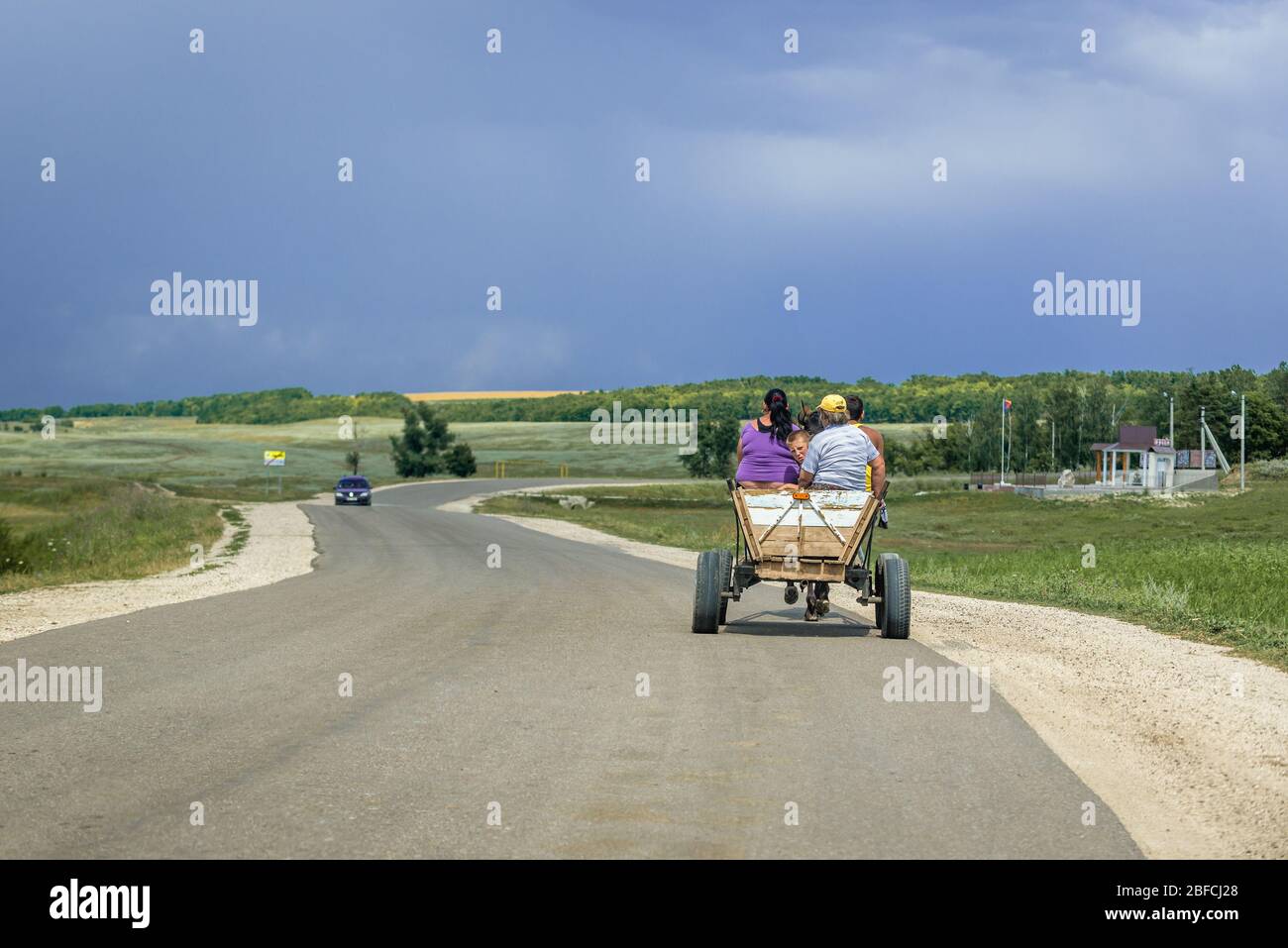 Horse wagon on a road in Glodeni District of Moldova Stock Photo
