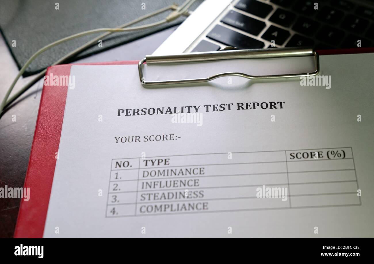 Personality test report. On clipboard. Human Resource, career or Job Interview concept. Stock Photo