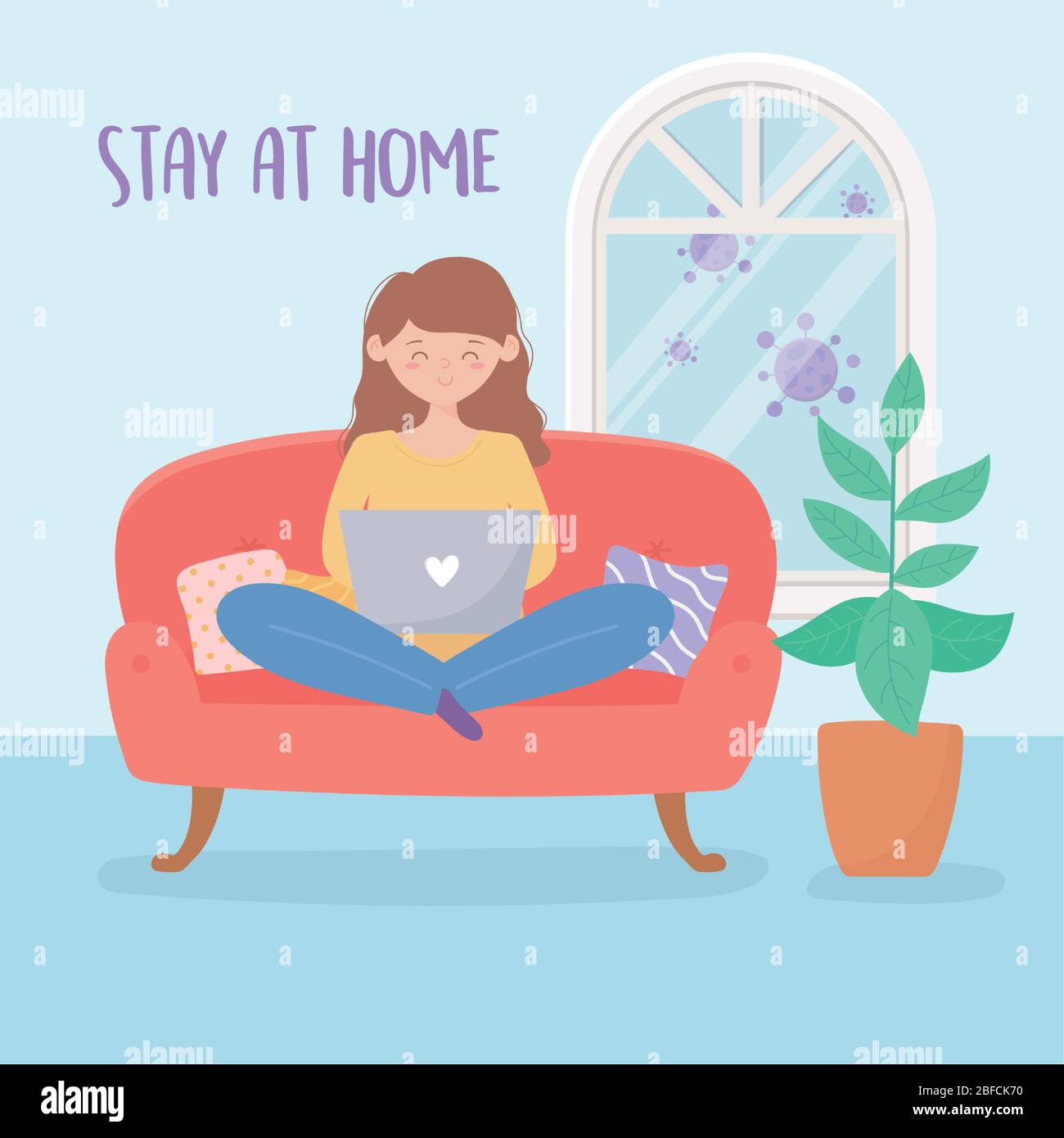 quarantine stay at home, woman working with laptop on sofa in room with ...