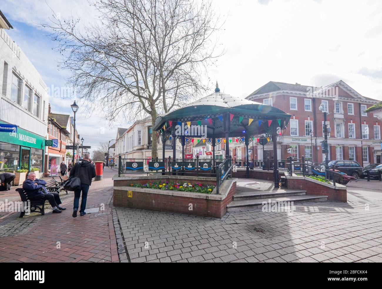Ashford, Kent, United Kingdom - March 9, 2020: Rotunda on High Street in the pedestrianised town centre with shops in Spring Stock Photo