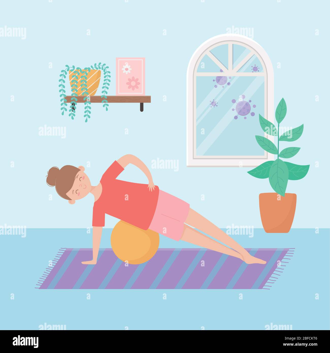quarantine stay at home, woman with yoga ball in room cartoon vector ...