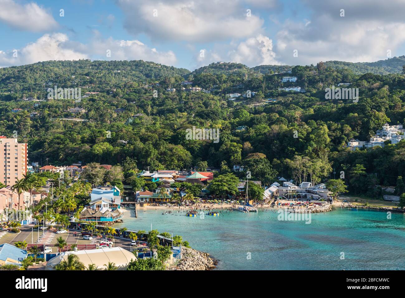 Ocho Rios, Jamaica - April 22, 2019: View from the ship to the Fisherman's Beach in the tropical Caribbean island of Ocho Rios, Jamaica. Cruise termin Stock Photo