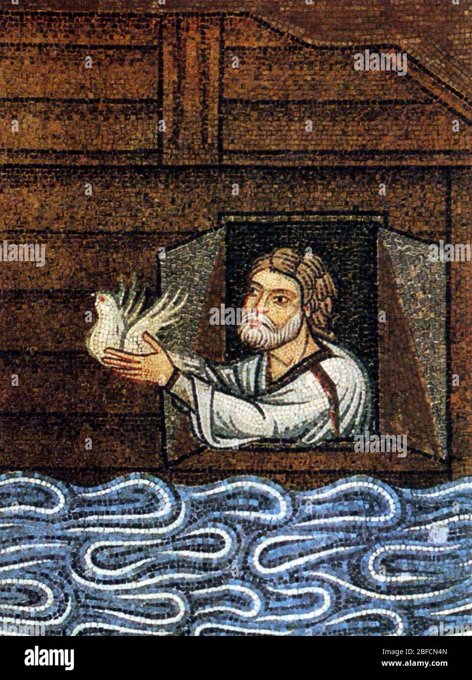 NOAH releases a dove from the Ark in a 12 century  mosaic in the Basilica San Marco, Venice. Stock Photo