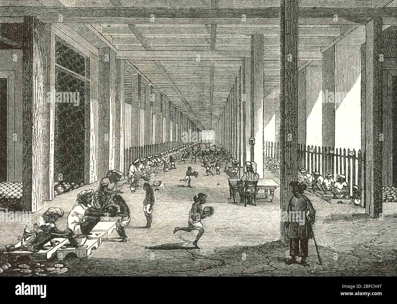 OPIUM FACTORY in Patna, Bengal, India, operated by the British East India Company about 1860. Here in the Balling Room the raw opium is being wrapped in leaves before storage. Stock Photo