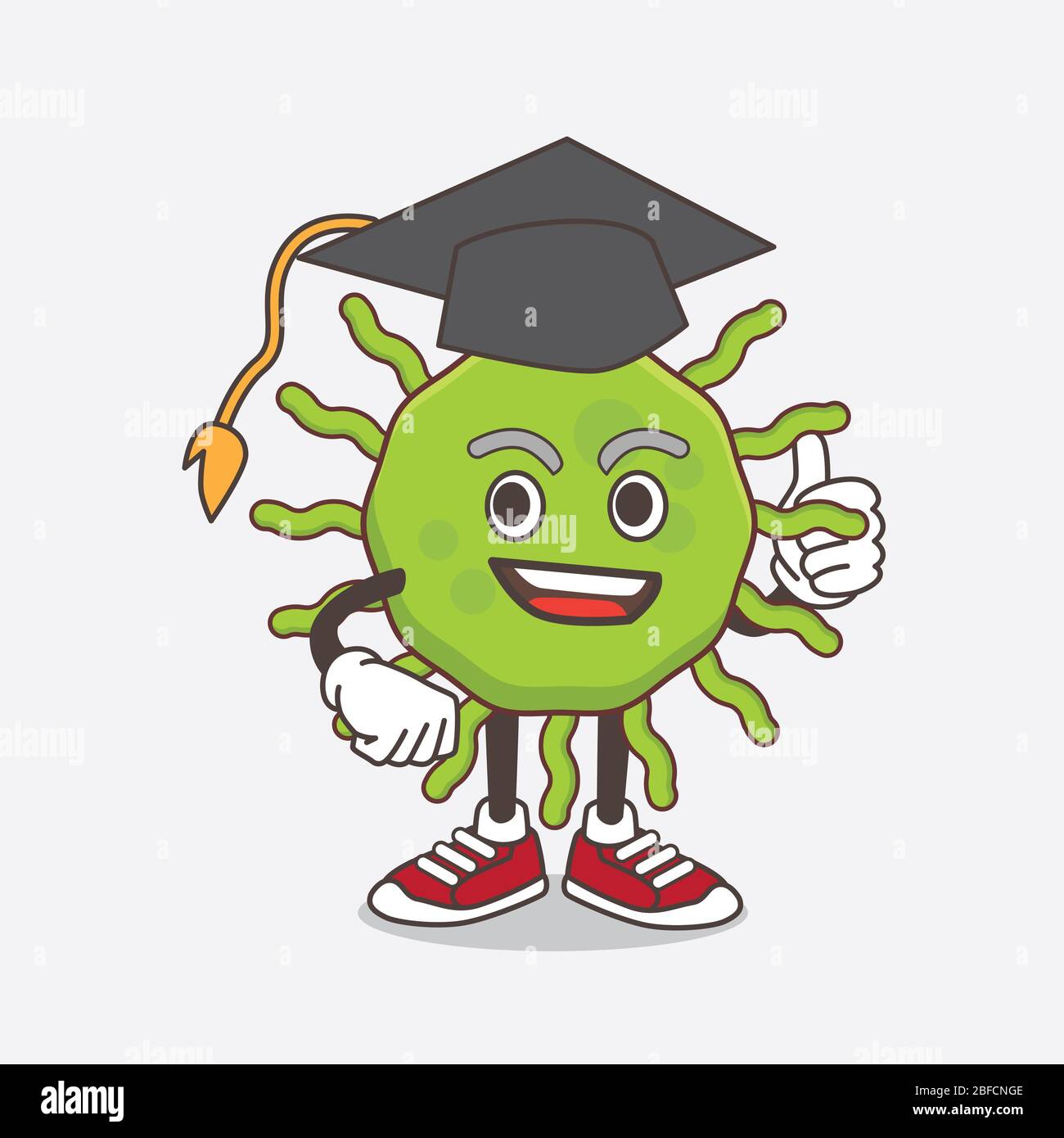 An illustration of Green Virus cartoon mascot character in a black Graduation hat Stock Photo