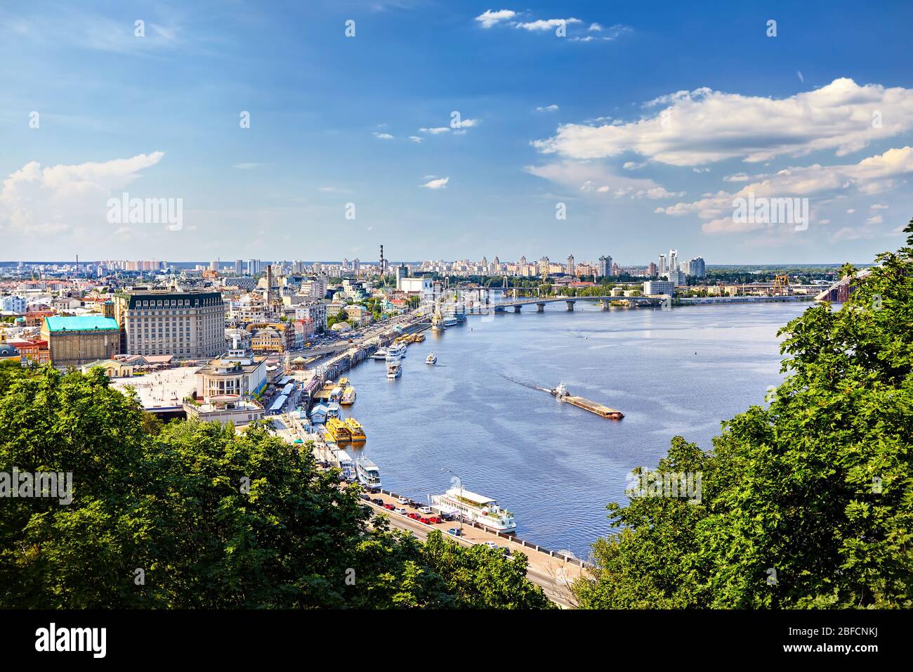 Panorama over the Kiev, view from the city hill towards the Dniepr river bank and downtown. Stock Photo