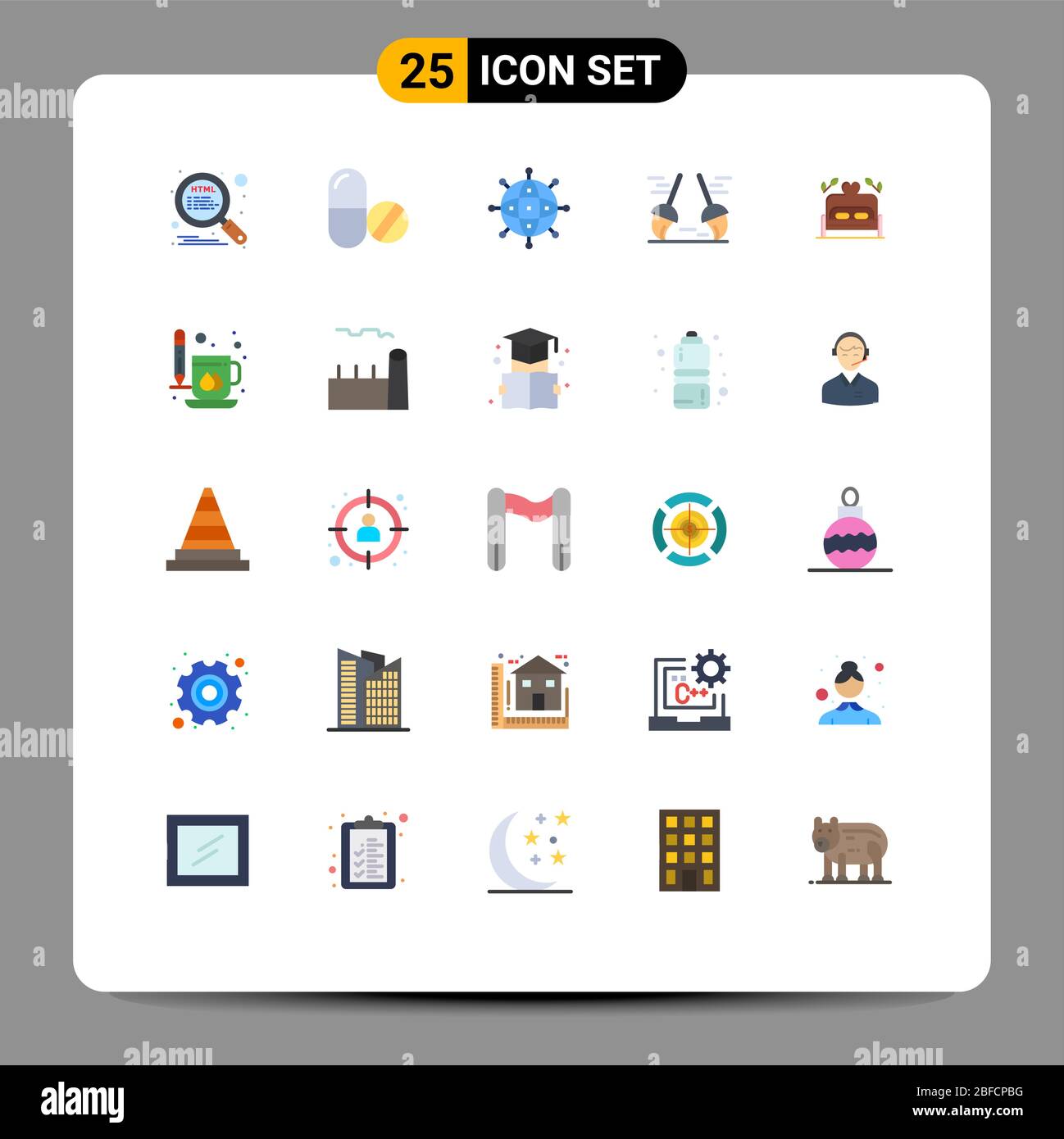 Flat Color Pack of 25 Universal Symbols of bed, cleaning, business, clean, worldwide Editable Vector Design Elements Stock Vector