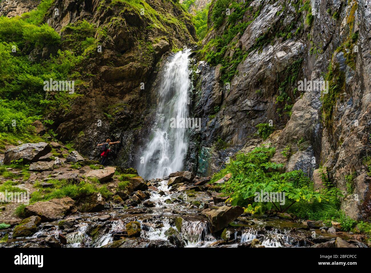 Gveleti Small Waterfalls being in a Dariali Gorge near the Kazbegi city in the mountains of the Caucasus, Geprgia Stock Photo