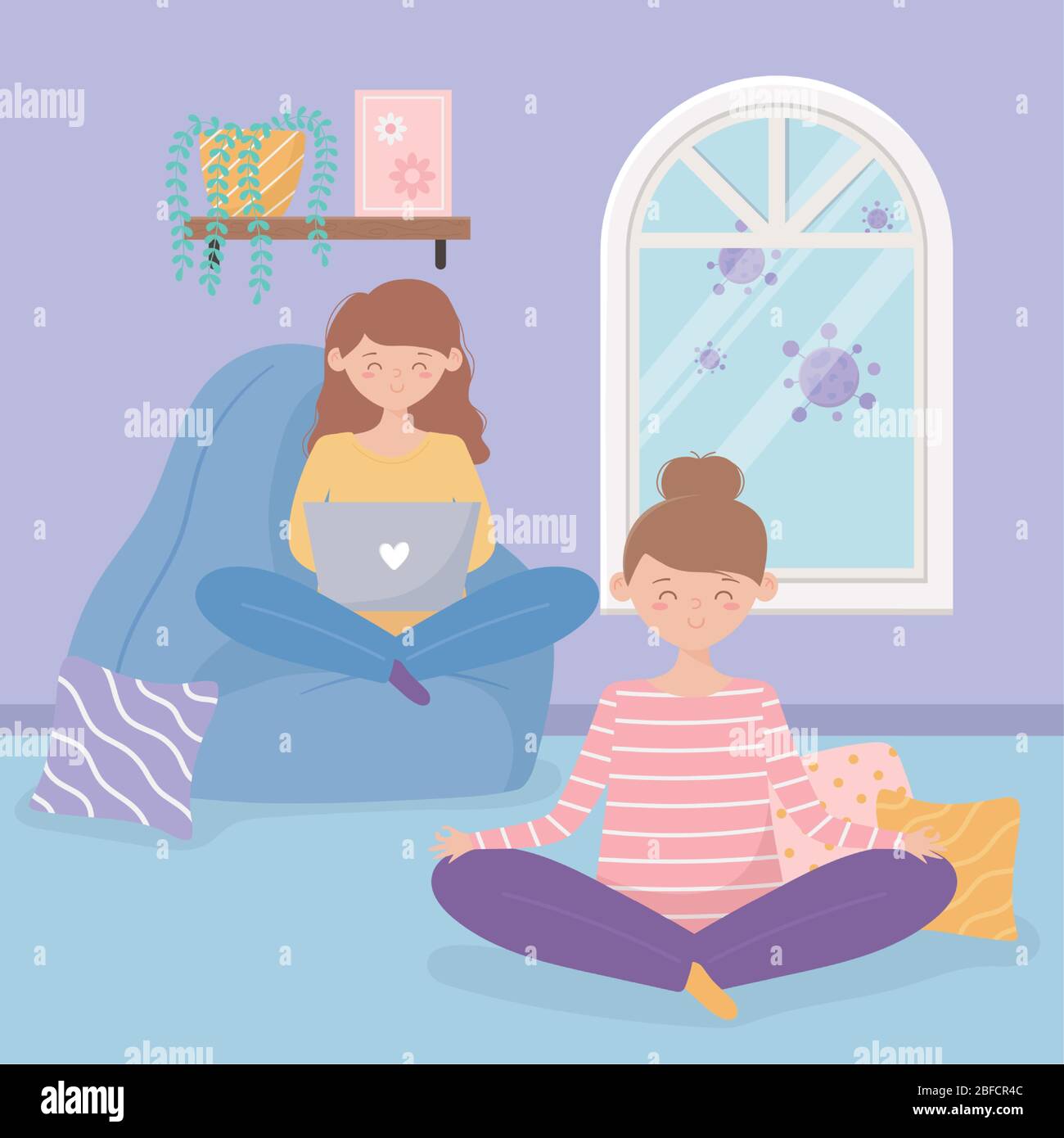quarantine stay at home, girl working with laptop on sofa and woman ...