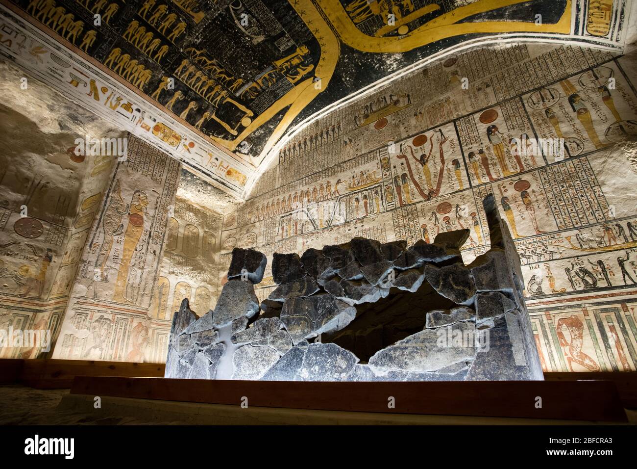 Broken sarcophagus inside the Tomb of Ramses V and VI in the Valley of the Kings near Luxor, Egypt. Stock Photo