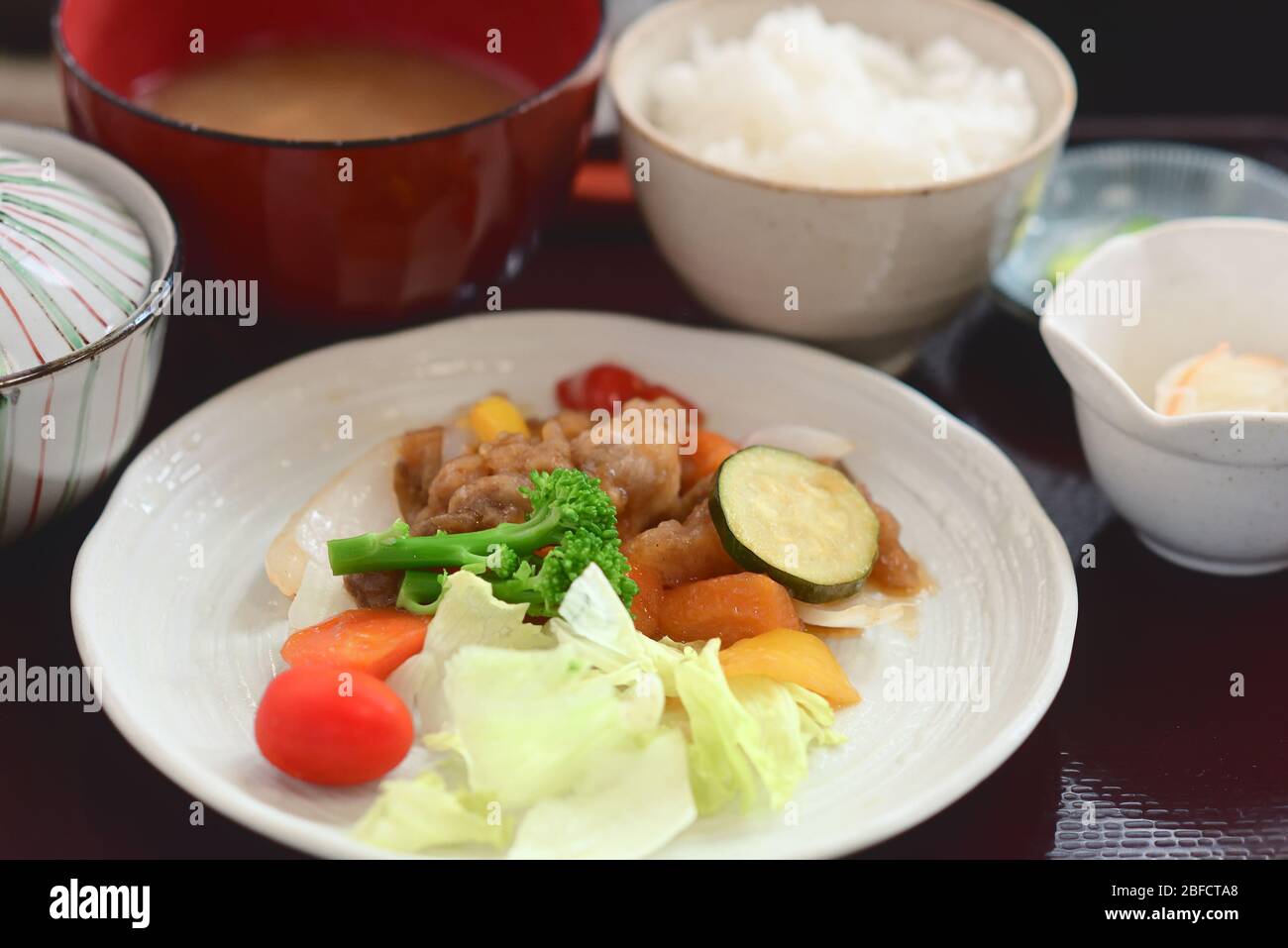 Delicious lunch menu  with a lot of vegetables from the area in Japanese mountains. Stock Photo
