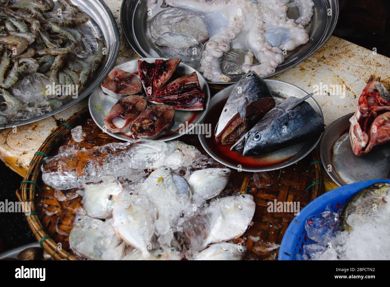 Fresh fishes in the local wet market of Kampot Town that shows the real life, local food and culture of Cambodia Stock Photo