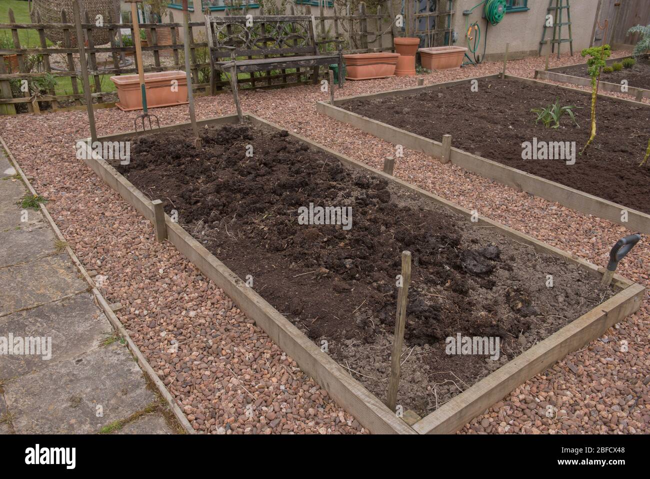 Raised Organic Beds Ready for Planting Spring Vegetables on an