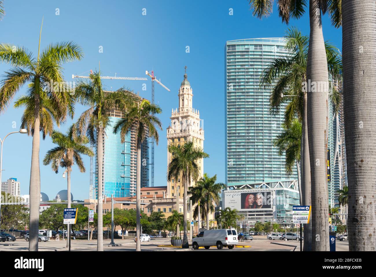 Miami,USA-march 16,2018:view of the freedom tower between the skyscrapers in downtown Miami on the Biscayne Boulevard during a sunny day. Stock Photo