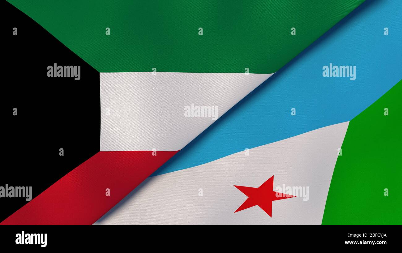 Two states flags of Kuwait and Djibouti. High quality business background. 3d illustration Stock Photo
