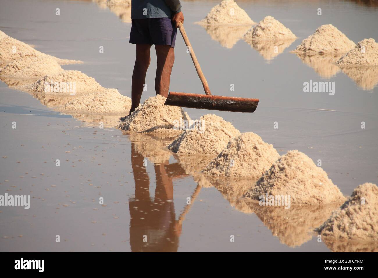 Beautiful countryside scenery of the famous Kampot Salt fields during the harvest season that shows the real life, livelihood and local culture of Cam Stock Photo