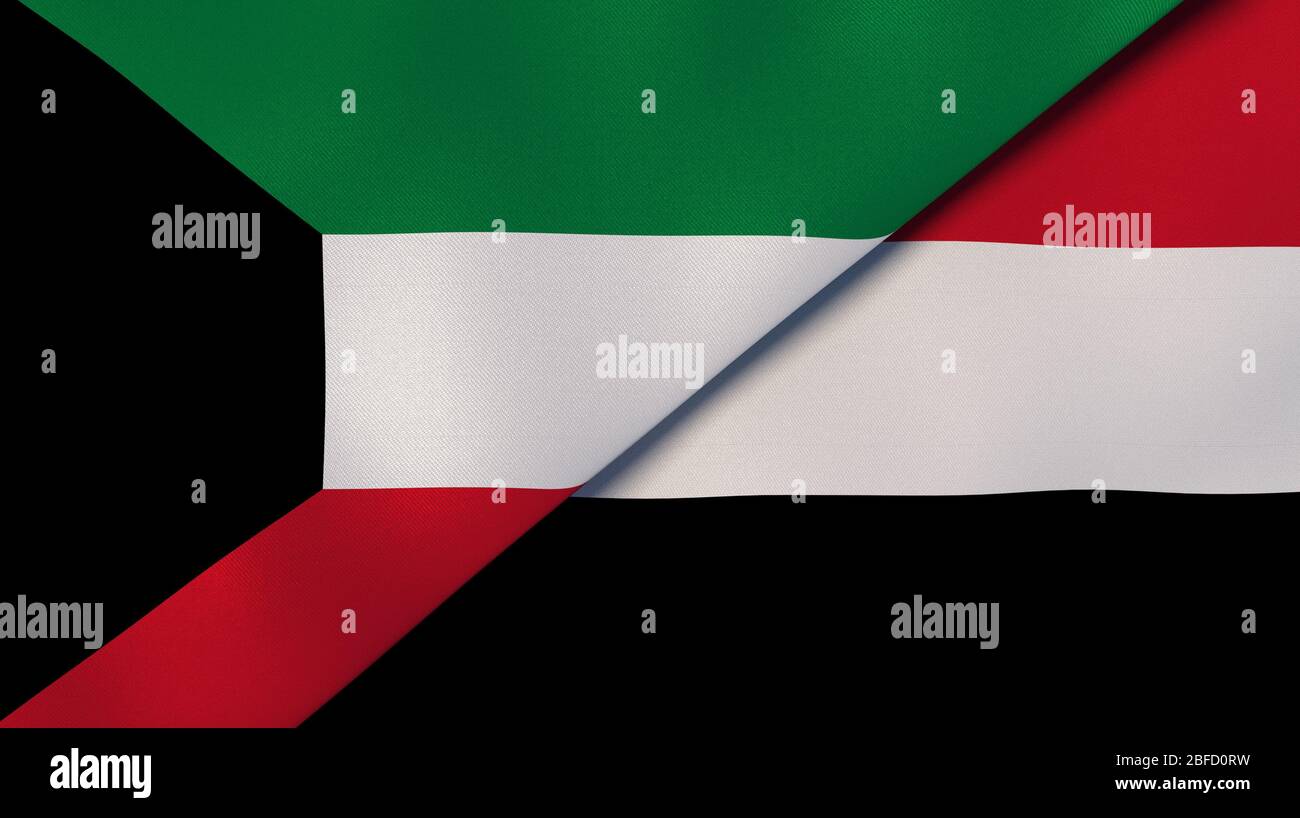 Two states flags of Kuwait and Yemen. High quality business background