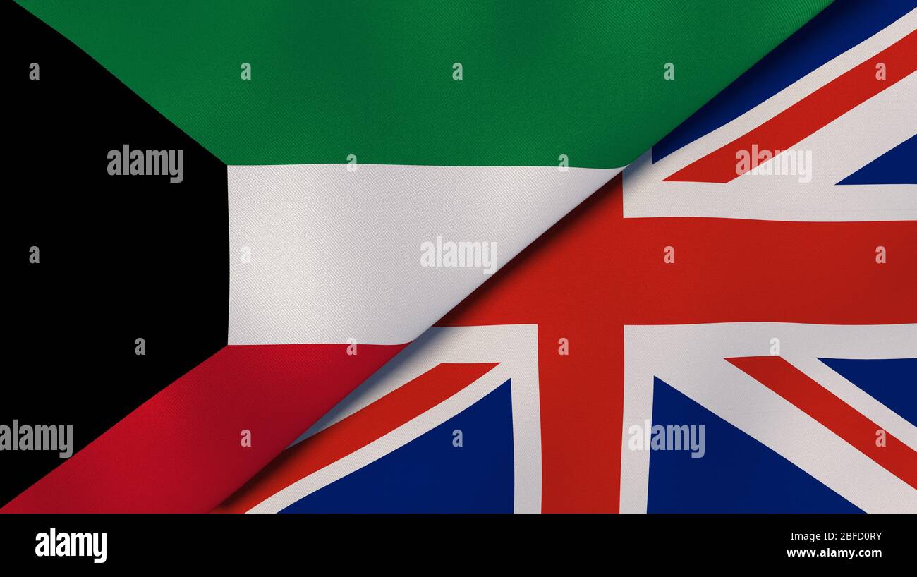 Two states flags of Kuwait and United Kingdom. High quality business background. 3d illustration Stock Photo