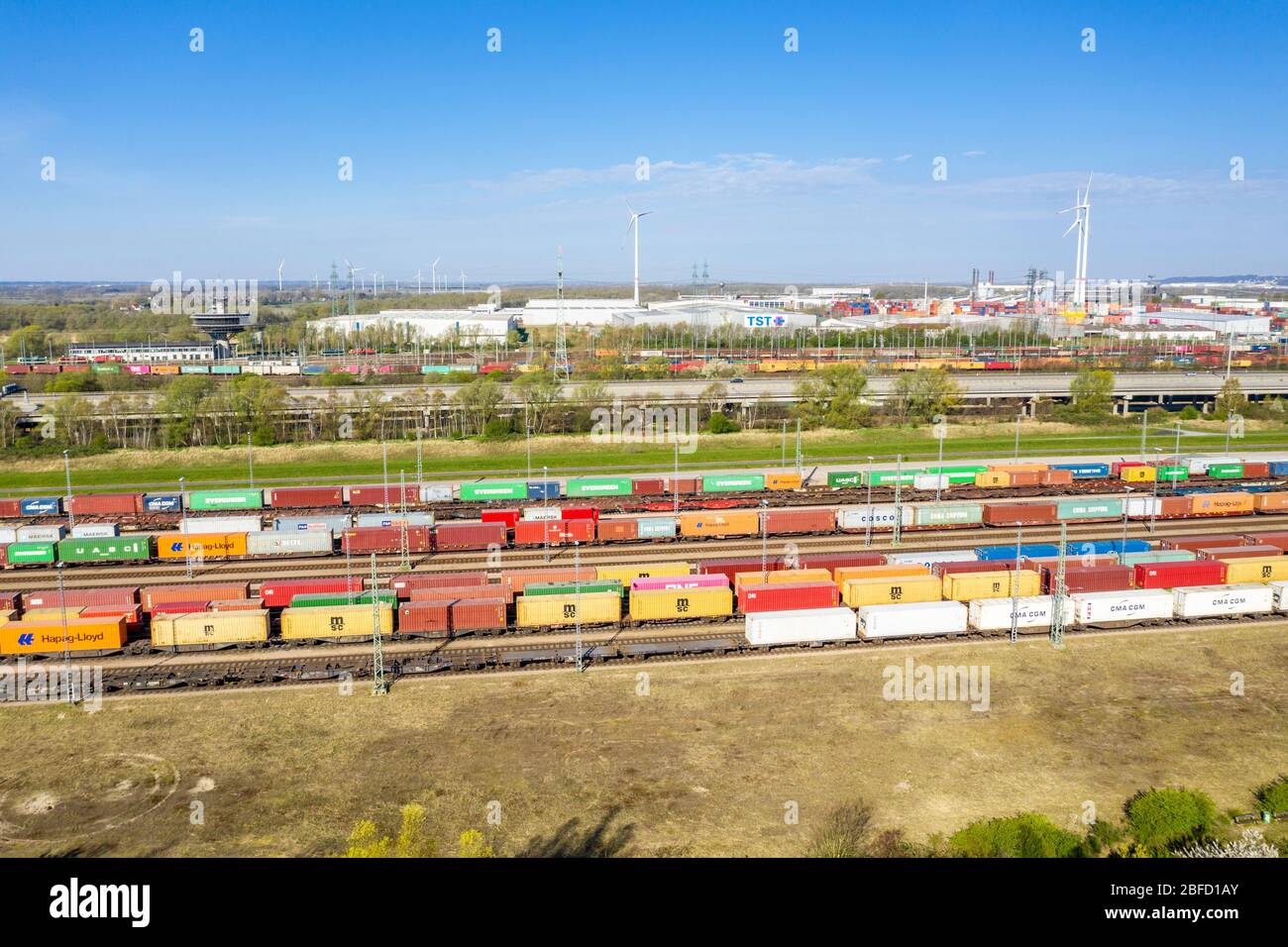 Freight yard, railway yard, marshalling yard, highway A7,  Altenwerder, Hamburg Germany Stock Photo