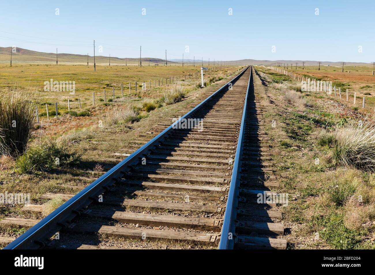 Trans-Mongolian railway, railway in the mongolian steppe Stock Photo