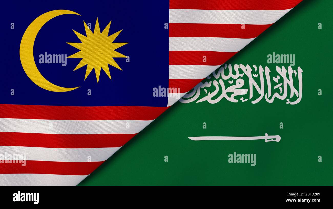 Two states flags of Malaysia and Saudi Arabia. High quality business background. 3d illustration Stock Photo