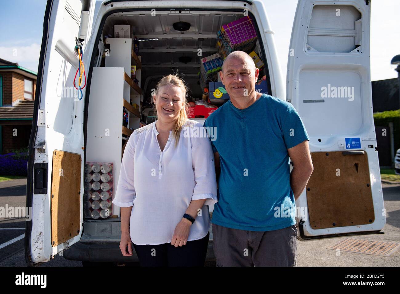 Toni Marshall and her partner Ian Peat have introduced a mobile shop in Nottingham, bringing groceries to vulnerable and elderly customers who don't want to stray far from home during the Covid-19 lockdown. Stock Photo
