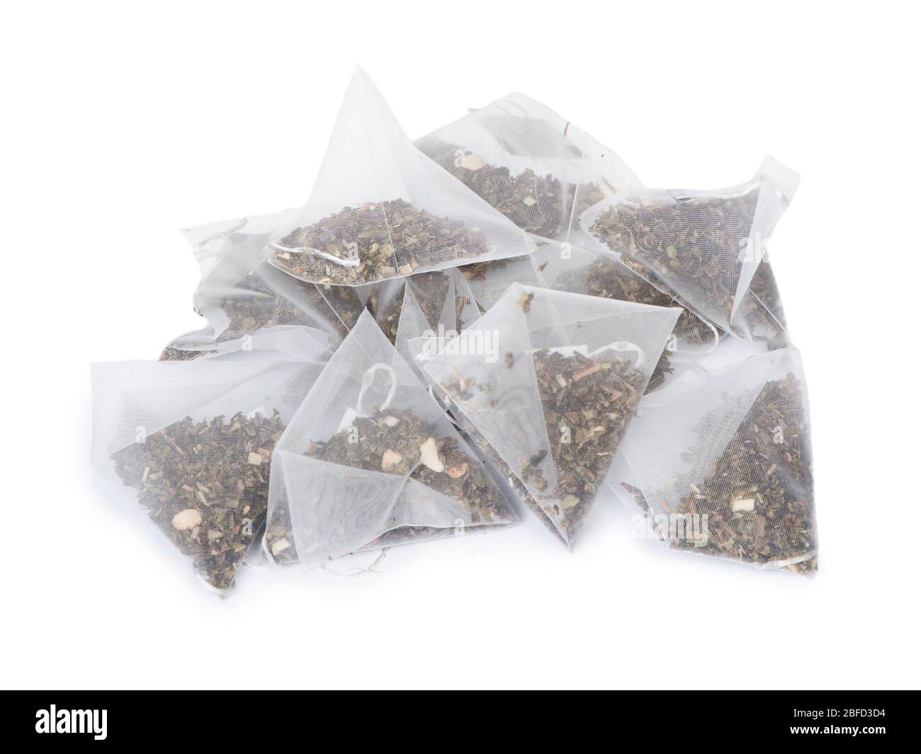 Pyramid shape tea bags isolated on white background Stock Photo