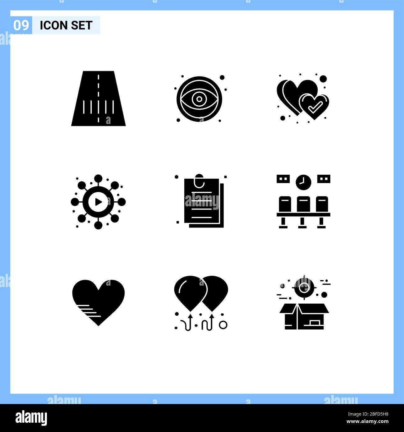 Pack of 9 Modern Solid Glyphs Signs and Symbols for Web Print Media such as train, paper, heart, document, viral Editable Vector Design Elements Stock Vector