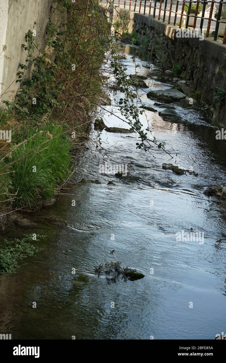 schäflibach, a stream in village Urdorf, Switzerland flowing through the village among houses, its shallow channel is very decorative with big stones. Stock Photo