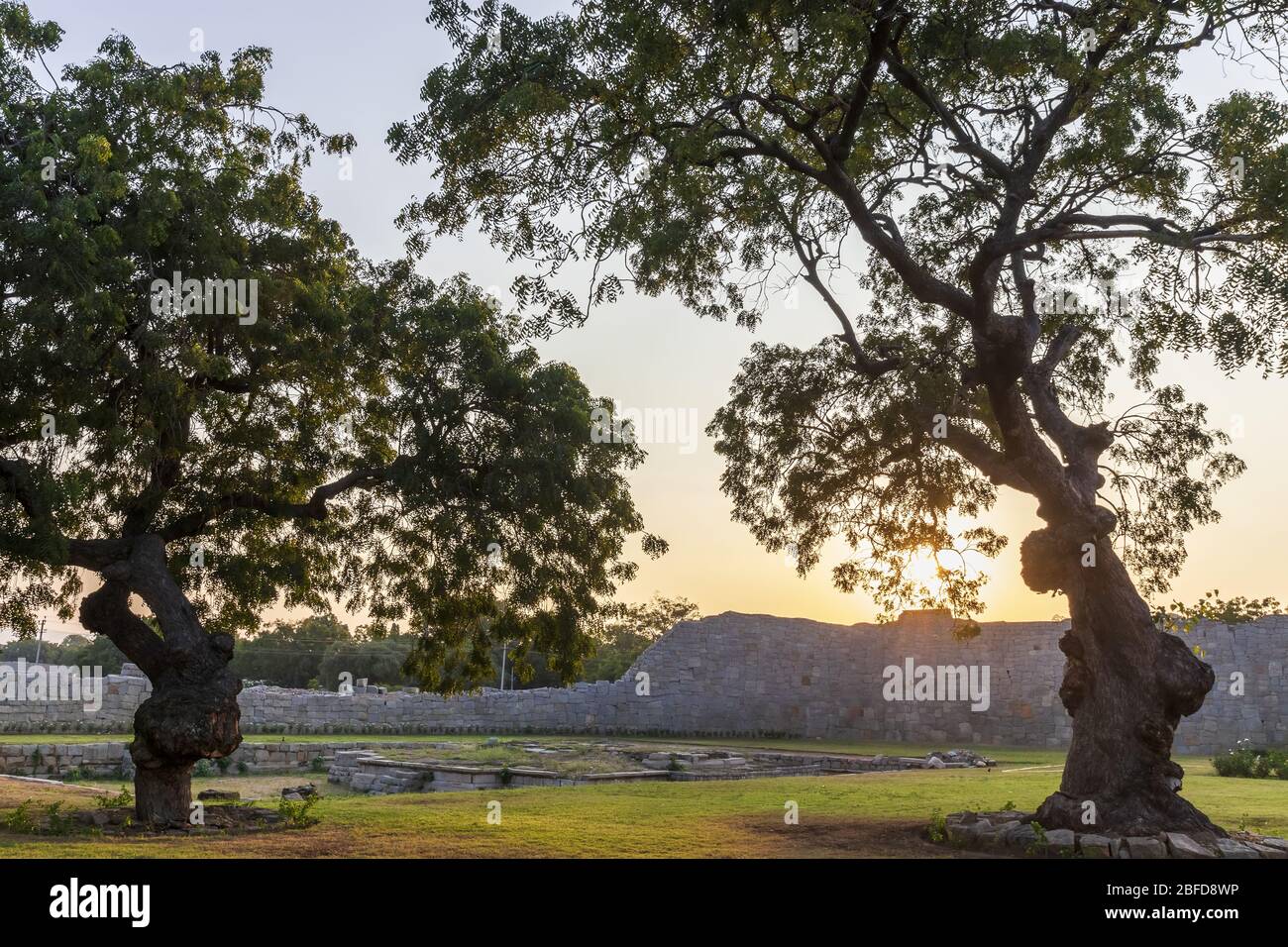 Ancient civilization in Hampi. India, State Karnataka. Old Hindu temples and ruins. Tree on foreground. Stock Photo