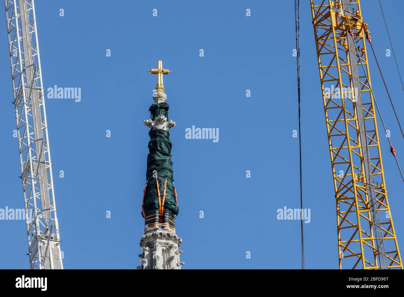 Zagreb, Croatia - April 17, 2020 : Workers preparing to bring down the top of the Zagreb Cathedral witch was damaged by the earthquake witch hit Zagre Stock Photo